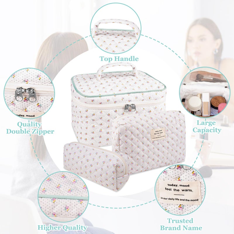 Gosect Floral Quilted Makeup Bag Set  3 Sizes  Travel & Daily Use  Women's Cotton Cosmetic Bag - Image 3